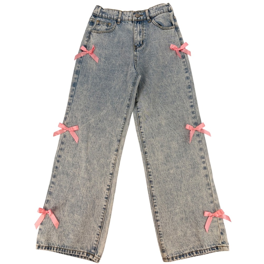 Coquette Bow‎ Wide Leg Jeans Light Wash Kawaii Soft Girl Denim Pants